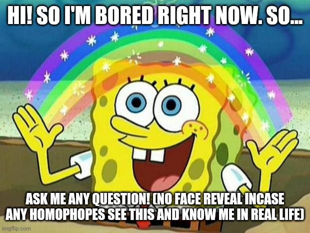 Ask meeeeee!!!!! I will do reveals of some things but no face! | HI! SO I'M BORED RIGHT NOW. SO... ASK ME ANY QUESTION! (NO FACE REVEAL INCASE ANY HOMOPHOPES SEE THIS AND KNOW ME IN REAL LIFE) | image tagged in spongebob rainbow,im gay,lmao,bored | made w/ Imgflip meme maker