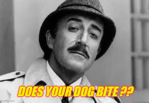 Inspector Clouseau I'm knit impressed | DOES YOUR DOG BITE ?? | image tagged in inspector clouseau i'm knit impressed | made w/ Imgflip meme maker