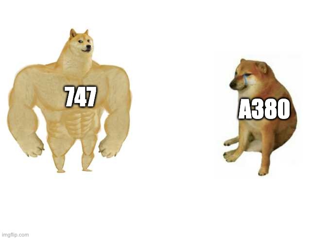 Buff Doge vs. Cheems Meme | A380; 747 | image tagged in strong doge weak doge | made w/ Imgflip meme maker