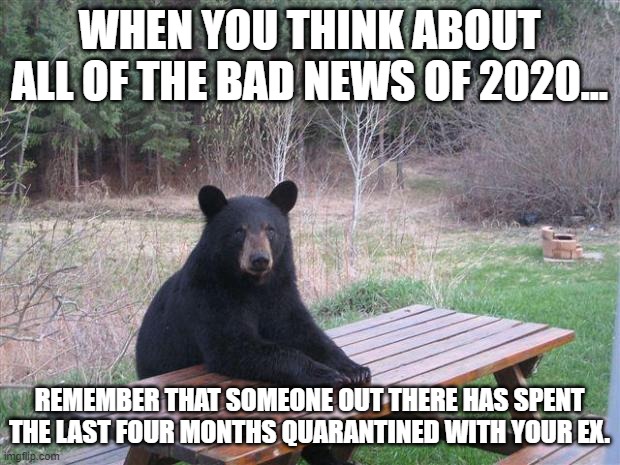 Bear of bad news | WHEN YOU THINK ABOUT ALL OF THE BAD NEWS OF 2020... REMEMBER THAT SOMEONE OUT THERE HAS SPENT THE LAST FOUR MONTHS QUARANTINED WITH YOUR EX. | image tagged in bear of bad news | made w/ Imgflip meme maker