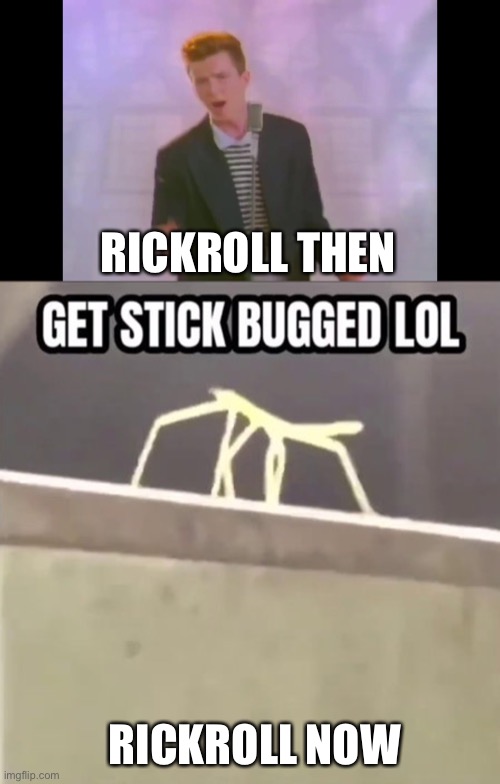 Rickroll then -> Rickroll now | RICKROLL THEN; RICKROLL NOW | image tagged in rick astley,get stick bugged lol | made w/ Imgflip meme maker