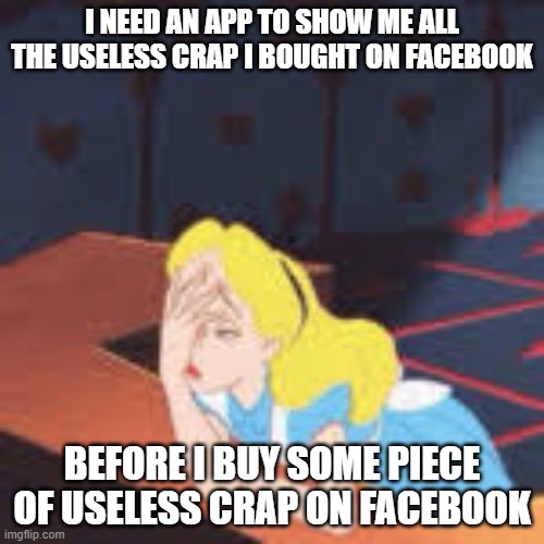 Facebook, apps, Alice | I NEED AN APP TO SHOW ME ALL THE USELESS CRAP I BOUGHT ON FACEBOOK; BEFORE I BUY SOME PIECE OF USELESS CRAP ON FACEBOOK | image tagged in facebook | made w/ Imgflip meme maker