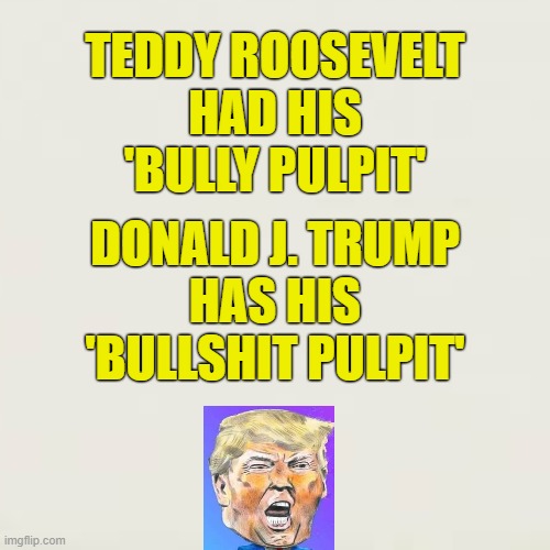 And Boy, Does Trump Bully | TEDDY ROOSEVELT
HAD HIS
'BULLY PULPIT'; DONALD J. TRUMP
HAS HIS
'BULLSHIT PULPIT' | image tagged in teddy roosevelt,donald trump,bully pulpit | made w/ Imgflip meme maker