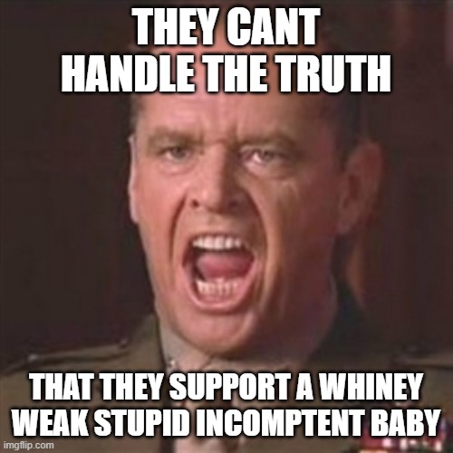 You can't handle the truth | THEY CANT HANDLE THE TRUTH THAT THEY SUPPORT A WHINEY WEAK STUPID INCOMPTENT BABY | image tagged in you can't handle the truth | made w/ Imgflip meme maker