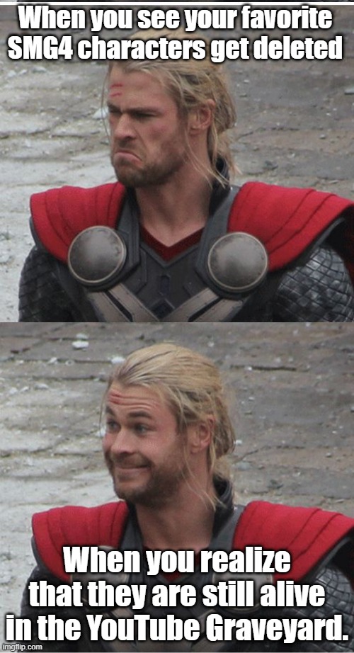 Sad Thor Happy Thor | When you see your favorite SMG4 characters get deleted; When you realize that they are still alive in the YouTube Graveyard. | image tagged in thor,marvel | made w/ Imgflip meme maker