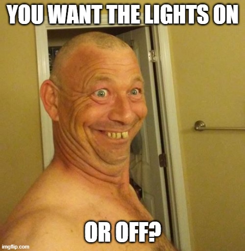 Bobo Gene | YOU WANT THE LIGHTS ON; OR OFF? | image tagged in bobo gene | made w/ Imgflip meme maker
