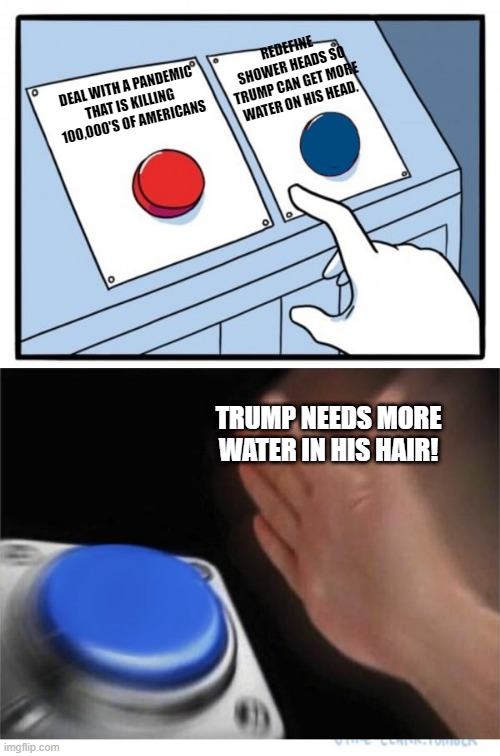 two buttons 1 blue | REDEFINE SHOWER HEADS SO TRUMP CAN GET MORE WATER ON HIS HEAD. DEAL WITH A PANDEMIC THAT IS KILLING 100,000'S OF AMERICANS; TRUMP NEEDS MORE WATER IN HIS HAIR! | image tagged in two buttons 1 blue | made w/ Imgflip meme maker