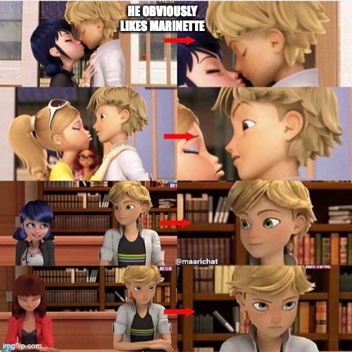 Adrien likes Marinette! :D | HE OBVIOUSLY LIKES MARINETTE | image tagged in miraculous ladybug,love,cool | made w/ Imgflip meme maker