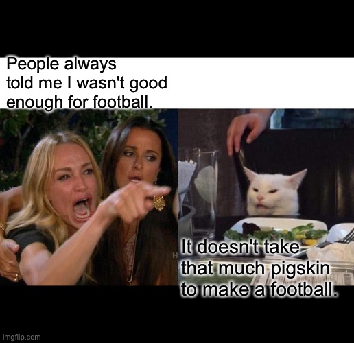 Woman yelling at cat | People always told me I wasn't good enough for football. It doesn't take that much pigskin to make a football. | image tagged in memes,woman yelling at cat | made w/ Imgflip meme maker