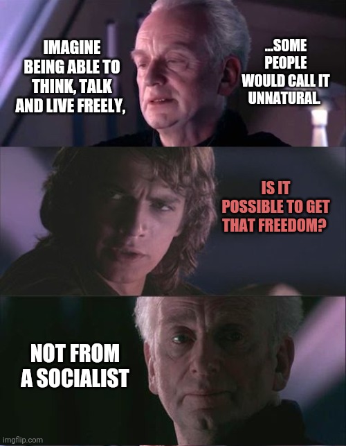 The power of Freedom | ...SOME PEOPLE WOULD CALL IT UNNATURAL. IMAGINE BEING ABLE TO THINK, TALK AND LIVE FREELY, IS IT POSSIBLE TO GET THAT FREEDOM? NOT FROM A SOCIALIST | image tagged in palpatine unnatural,freedom,democrats,socialism,joe biden,elections | made w/ Imgflip meme maker