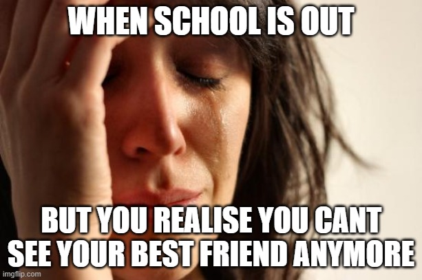 First World Problems | WHEN SCHOOL IS OUT; BUT YOU REALISE YOU CANT SEE YOUR BEST FRIEND ANYMORE | image tagged in memes,first world problems | made w/ Imgflip meme maker