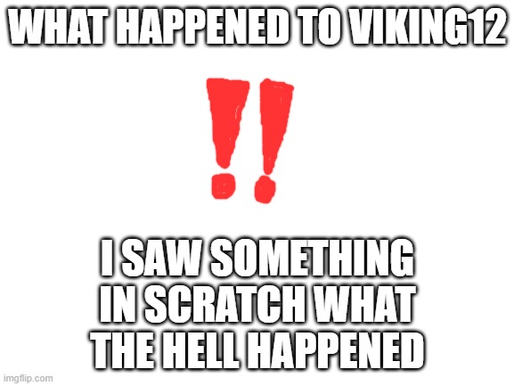 Blank White Template | WHAT HAPPENED TO VIKING12; I SAW SOMETHING IN SCRATCH WHAT THE HELL HAPPENED | image tagged in blank white template | made w/ Imgflip meme maker