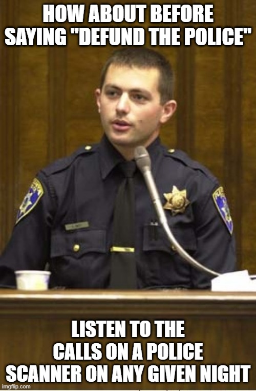 Police Officer Testifying | HOW ABOUT BEFORE SAYING "DEFUND THE POLICE"; LISTEN TO THE CALLS ON A POLICE SCANNER ON ANY GIVEN NIGHT | image tagged in memes,police officer testifying | made w/ Imgflip meme maker