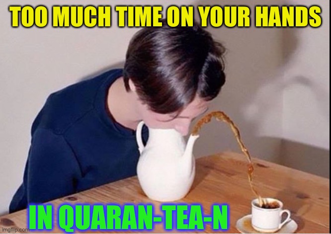 Take this time to learn a new skill they said ;-) | TOO MUCH TIME ON YOUR HANDS; IN QUARAN-TEA-N | image tagged in quarantine,covid-19,skills,time wasting,2020 | made w/ Imgflip meme maker