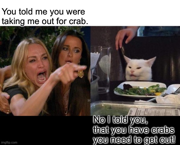 Woman yelling at cat | You told me you were taking me out for crab. No I told you, that you have crabs you need to get out! | image tagged in memes,woman yelling at cat | made w/ Imgflip meme maker