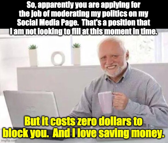 That's a job I am not filling at this moment in time. | So, apparently you are applying for the job of moderating my politics on my Social Media Page.  That's a position that I am not looking to fill at this moment in time. But it costs zero dollars to block you.  And I love saving money. | image tagged in harold | made w/ Imgflip meme maker