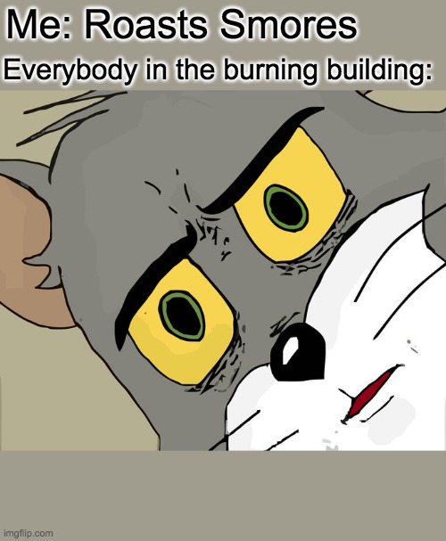 waterrrrr | Me: Roasts Smores; Everybody in the burning building: | image tagged in memes,unsettled tom | made w/ Imgflip meme maker