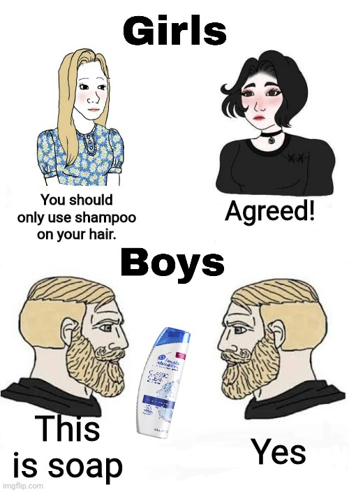 SOAP IS SOAP! | You should only use shampoo on your hair. Agreed! This is soap; Yes | image tagged in girls vs boys | made w/ Imgflip meme maker