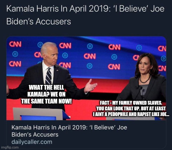 Joe biden | WHAT THE HELL KAMALA? WE ON THE SAME TEAM NOW! FACT - MY FAMILY OWNED SLAVES. YOU CAN LOOK THAT UP. BUT AT LEAST I AINT A PEDOPHILE AND RAPIST LIKE JOE... | image tagged in joe biden | made w/ Imgflip meme maker