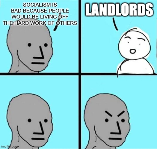 NPC Meme | SOCIALISM IS BAD BECAUSE PEOPLE WOULD BE LIVING OFF THE HARD WORK OF OTHERS LANDLORDS | image tagged in npc meme | made w/ Imgflip meme maker