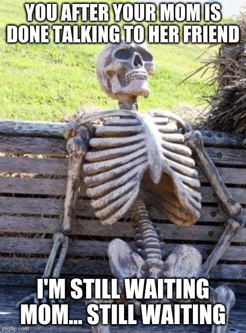 Mom.. Y U DO DIS?! | YOU AFTER YOUR MOM IS DONE TALKING TO HER FRIEND; I'M STILL WAITING MOM... STILL WAITING | image tagged in memes,waiting skeleton | made w/ Imgflip meme maker