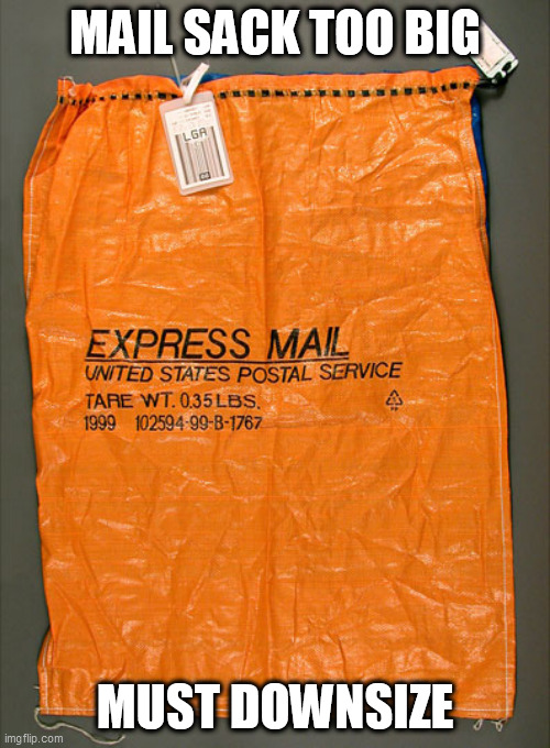 Too Much Slack in the Sack | MAIL SACK TOO BIG; MUST DOWNSIZE | image tagged in usps,2020 | made w/ Imgflip meme maker