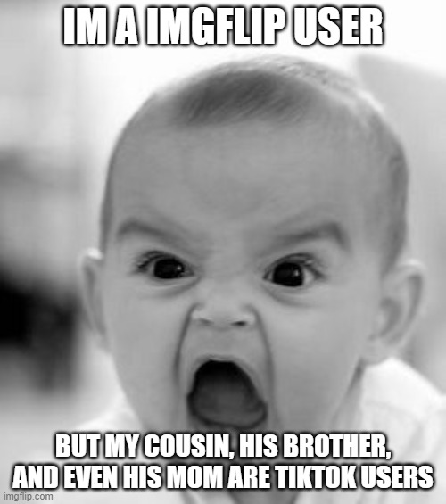 Angry Baby Meme | IM A IMGFLIP USER; BUT MY COUSIN, HIS BROTHER, AND EVEN HIS MOM ARE TIKTOK USERS | image tagged in memes,angry baby | made w/ Imgflip meme maker