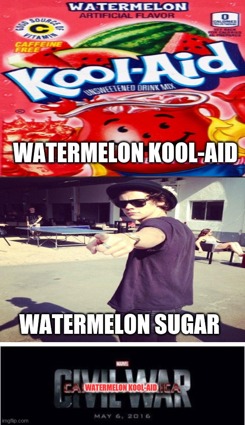 Yes, i meant to get it stuck in your heads, you're welcome! | WATERMELON KOOL-AID; WATERMELON SUGAR; WATERMELON KOOL-AID | image tagged in memes,marvel civil war 1,watermelon sugar,kool-aid,harry styles,watermelon kool-aid | made w/ Imgflip meme maker