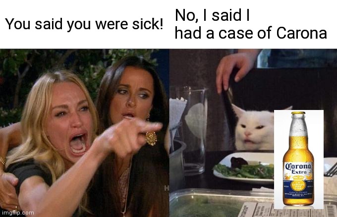 >:3 | You said you were sick! No, I said I had a case of Carona | image tagged in memes,woman yelling at cat | made w/ Imgflip meme maker