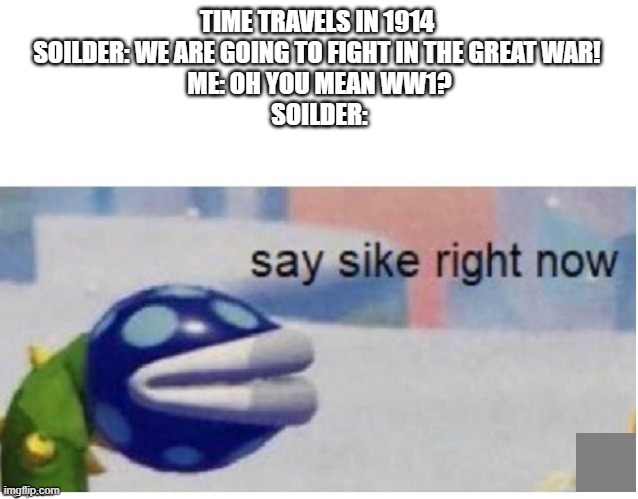 Soilders Reaction Of Going To Have Another War Later On | TIME TRAVELS IN 1914 
SOILDER: WE ARE GOING TO FIGHT IN THE GREAT WAR! 
ME: OH YOU MEAN WW1?
SOILDER: | image tagged in say sike right now | made w/ Imgflip meme maker