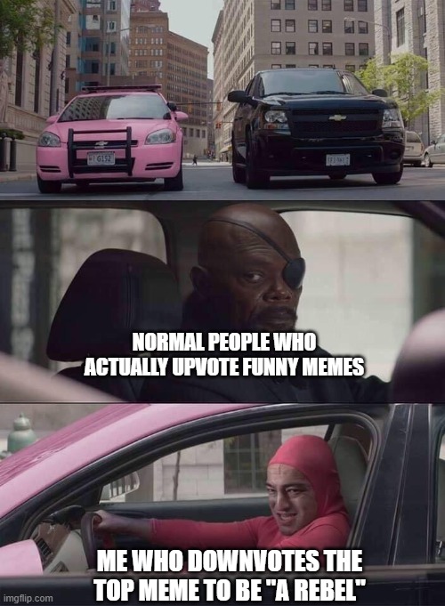 pink guy nick fury | NORMAL PEOPLE WHO ACTUALLY UPVOTE FUNNY MEMES; ME WHO DOWNVOTES THE TOP MEME TO BE "A REBEL" | image tagged in pink guy nick fury | made w/ Imgflip meme maker