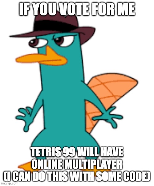 IF YOU VOTE FOR ME; TETRIS 99 WILL HAVE ONLINE MULTIPLAYER
(I CAN DO THIS WITH SOME CODE) | image tagged in perry | made w/ Imgflip meme maker