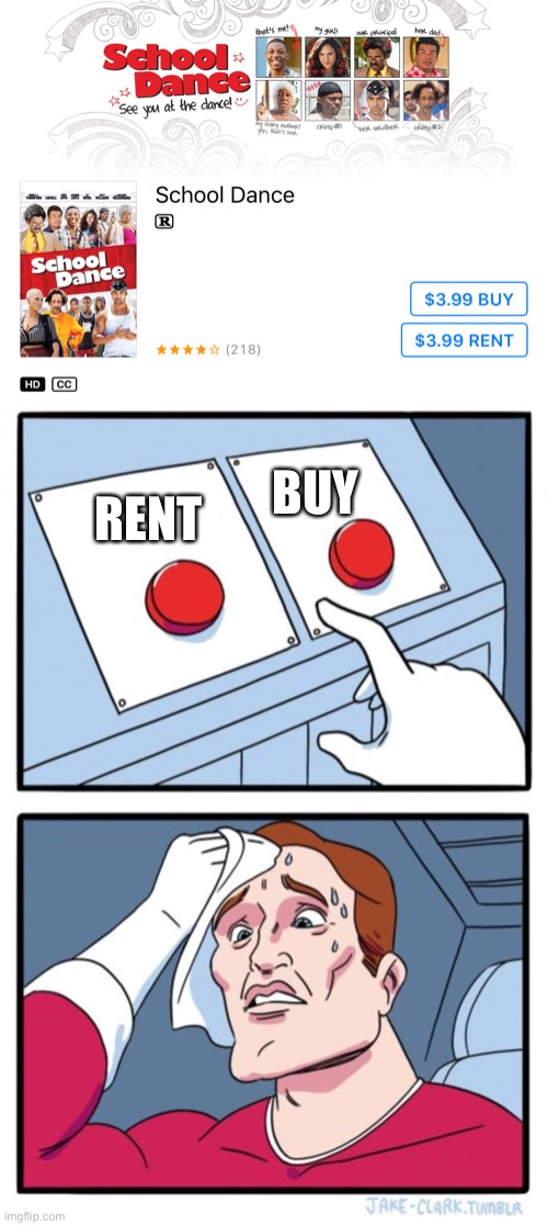 BUY; RENT | image tagged in memes,two buttons | made w/ Imgflip meme maker