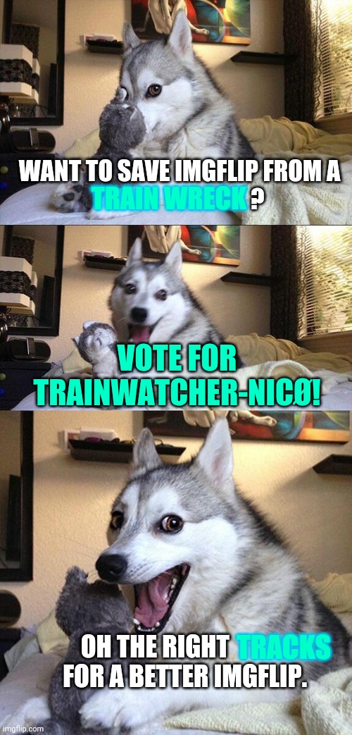 Vote Trainwatcher-Nicø! | WANT TO SAVE IMGFLIP FROM A                                  ? TRAIN WRECK; VOTE FOR TRAINWATCHER-NICØ! TRAINWATCHER-NICØ; TRACKS; OH THE RIGHT             FOR A BETTER IMGFLIP. | image tagged in memes,bad pun dog,trainwatcher-nic,nico | made w/ Imgflip meme maker
