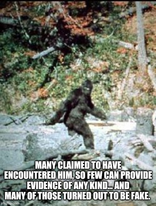 big foot | MANY CLAIMED TO HAVE ENCOUNTERED HIM, SO FEW CAN PROVIDE EVIDENCE OF ANY KIND... AND MANY OF THOSE TURNED OUT TO BE FAKE. | image tagged in big foot | made w/ Imgflip meme maker