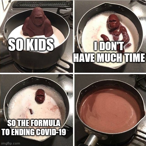The formula to ending Covid-19 is.. | I DON'T HAVE MUCH TIME; SO KIDS; SO THE FORMULA TO ENDING COVID-19 | image tagged in chocolate gorilla,memes,funny,coronavirus,front page | made w/ Imgflip meme maker