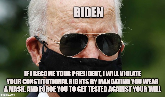 Authoritarian 101 | BIDEN; IF I BECOME YOUR PRESIDENT, I WILL VIOLATE YOUR CONSTITUTIONAL RIGHTS BY MANDATING YOU WEAR A MASK, AND FORCE YOU TO GET TESTED AGAINST YOUR WILL | image tagged in joe biden,kamala harris,trump,covid-19,coronavirus,election 2020 | made w/ Imgflip meme maker