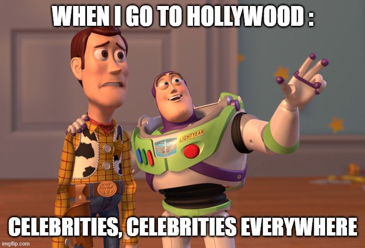 when i go to hollywood | WHEN I GO TO HOLLYWOOD :; CELEBRITIES, CELEBRITIES EVERYWHERE | image tagged in memes,x x everywhere,hollywood,celebrities | made w/ Imgflip meme maker