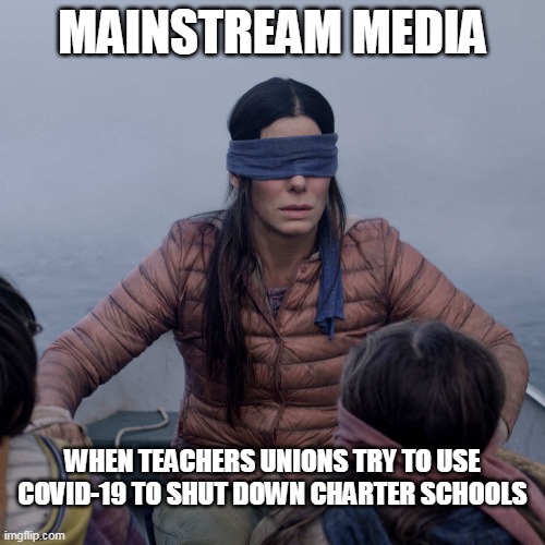 Bird Box Meme | MAINSTREAM MEDIA; WHEN TEACHERS UNIONS TRY TO USE COVID-19 TO SHUT DOWN CHARTER SCHOOLS | image tagged in memes,bird box | made w/ Imgflip meme maker