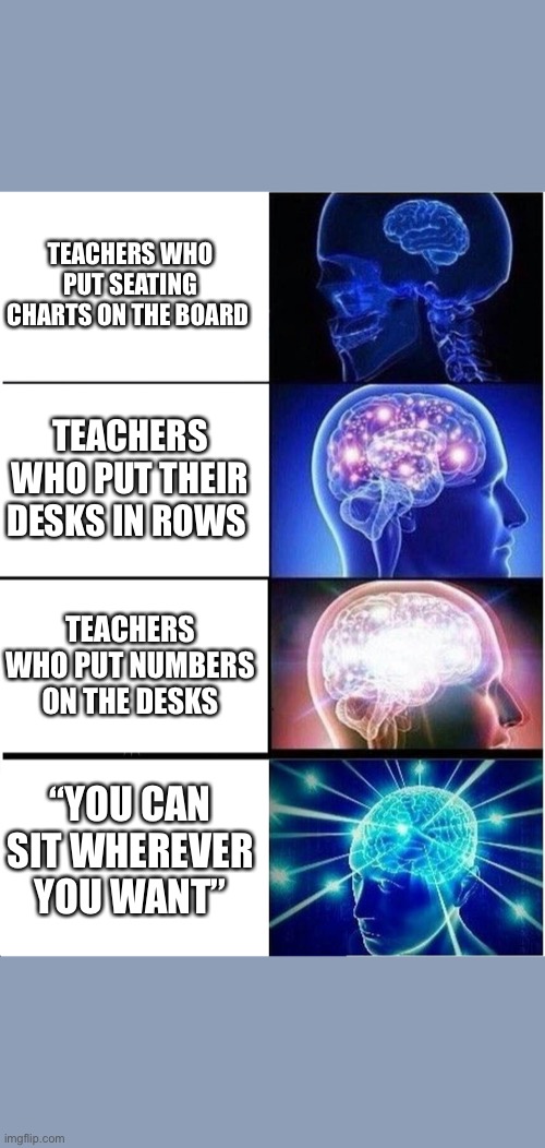Expanding Brain Meme | TEACHERS WHO PUT SEATING CHARTS ON THE BOARD; TEACHERS WHO PUT THEIR DESKS IN ROWS; TEACHERS WHO PUT NUMBERS ON THE DESKS; “YOU CAN SIT WHEREVER YOU WANT” | image tagged in memes,expanding brain | made w/ Imgflip meme maker