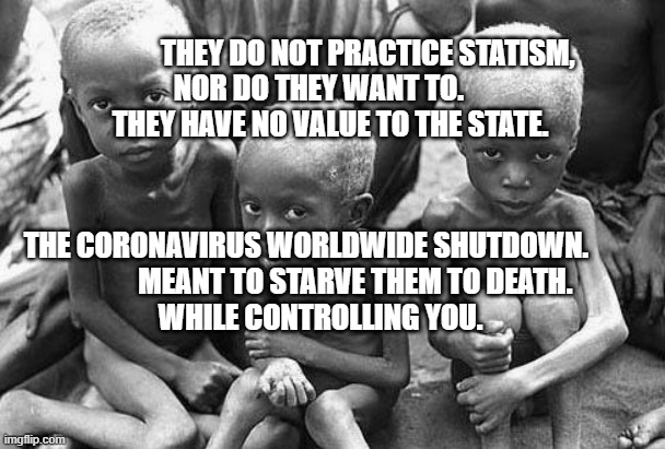 starving africans | THEY DO NOT PRACTICE STATISM, NOR DO THEY WANT TO.            THEY HAVE NO VALUE TO THE STATE. THE CORONAVIRUS WORLDWIDE SHUTDOWN.                    MEANT TO STARVE THEM TO DEATH.                  WHILE CONTROLLING YOU. | image tagged in starving africans | made w/ Imgflip meme maker