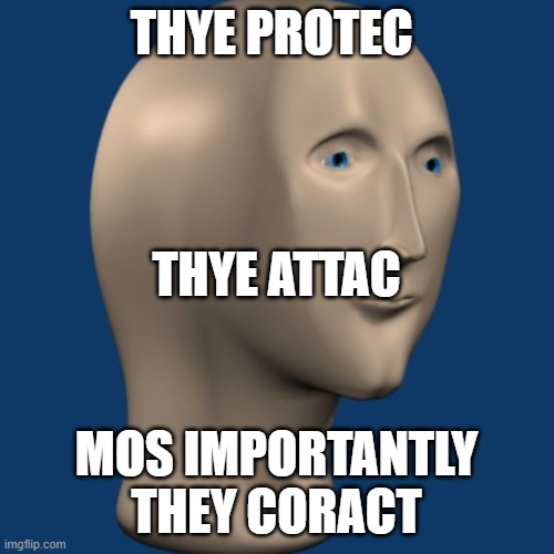THYE PROTEC MOS IMPORTANTLY THEY CORACT THYE ATTAC | image tagged in meme man | made w/ Imgflip meme maker