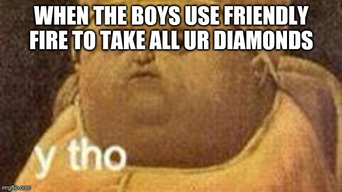 why tho | WHEN THE BOYS USE FRIENDLY FIRE TO TAKE ALL UR DIAMONDS | image tagged in why tho | made w/ Imgflip meme maker