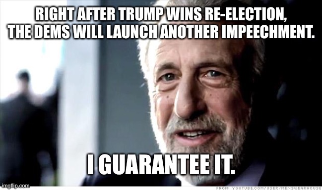 Any Bets? | RIGHT AFTER TRUMP WINS RE-ELECTION, THE DEMS WILL LAUNCH ANOTHER IMPEECHMENT. I GUARANTEE IT. | image tagged in memes,i guarantee it,trump reimpeechment trial | made w/ Imgflip meme maker