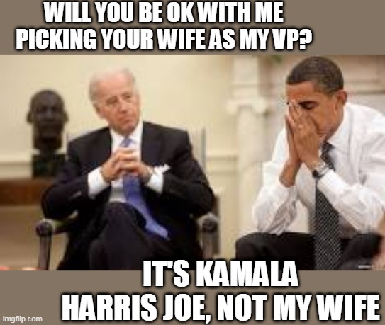 Obama and Biden | WILL YOU BE OK WITH ME PICKING YOUR WIFE AS MY VP? IT'S KAMALA HARRIS JOE, NOT MY WIFE | image tagged in obama and biden,joe biden,kamala harris,barack obama | made w/ Imgflip meme maker