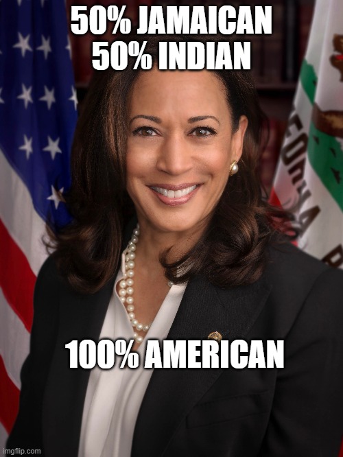 Kamala Harris 100% American | 50% JAMAICAN
50% INDIAN; 100% AMERICAN | image tagged in kamala harris,election 2020 | made w/ Imgflip meme maker