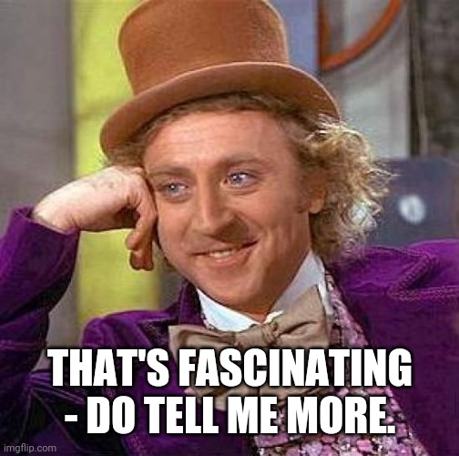 Creepy Condescending Wonka Meme | THAT'S FASCINATING - DO TELL ME MORE. | image tagged in memes,creepy condescending wonka | made w/ Imgflip meme maker