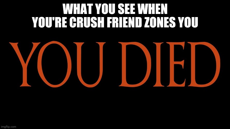 Dark Souls You Died | WHAT YOU SEE WHEN YOU'RE CRUSH FRIEND ZONES YOU | image tagged in dark souls you died,crush,friendzone | made w/ Imgflip meme maker