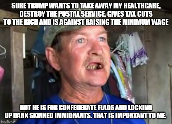 Trump supporters - Only the Best | SURE TRUMP WANTS TO TAKE AWAY MY HEALTHCARE, DESTROY THE POSTAL SERVICE, GIVES TAX CUTS TO THE RICH AND IS AGAINST RAISING THE MINIMUM WAGE; BUT HE IS FOR CONFEDERATE FLAGS AND LOCKING UP DARK SKINNED IMMIGRANTS. THAT IS IMPORTANT TO ME. | image tagged in donald trump,trump supporters,republicans | made w/ Imgflip meme maker