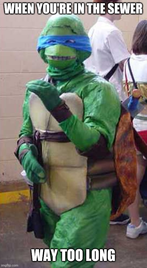 WHAT HAPPENED TO YOU LEO? | WHEN YOU'RE IN THE SEWER; WAY TOO LONG | image tagged in teenage mutant ninja turtles,tmnt,cosplay,cosplay fail | made w/ Imgflip meme maker